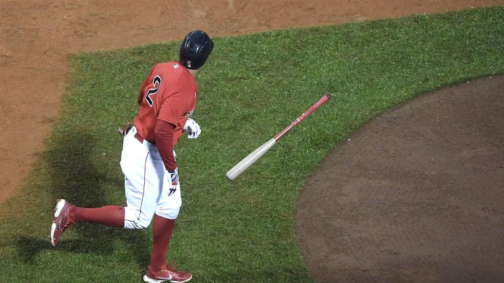 Oct 4, 2022; Boston, Massachusetts, USA;  Boston Red Sox shortstop Xander Bogaerts (2) flips his bat