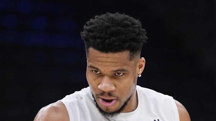 Milwaukee, Wisconsin, USA; Milwaukee Bucks forward Giannis Antetokounmpo (34) practices before a game against the Chicago Bulls at Fiserv Forum on Feb 3, 2026.
