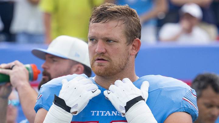 Aug 29, 2026; Nashville, Tennessee, USA; Tennessee Titans guard Cordell Volson (73) against the Chicago Bears during the first half at Nissan Stadium. Mandatory Credit: Steve Roberts-Imagn Images