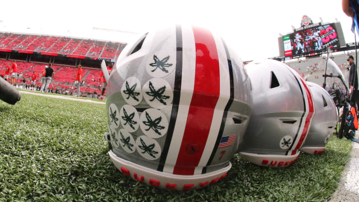 Sep 10, 2022; Columbus, Ohio, USA;  Ohio State Buckeyes helmets before the game against the Arkansas State Red Wolves at Ohio Stadium. Mandatory Credit: Joseph Maiorana-USA TODAY Sports