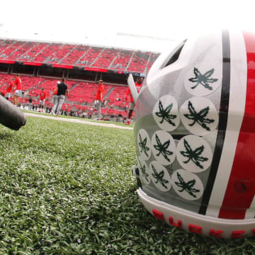 Sep 10, 2022; Columbus, Ohio, USA;  Ohio State Buckeyes helmets before the game against the Arkansas State Red Wolves at Ohio Stadium. Mandatory Credit: Joseph Maiorana-USA TODAY Sports