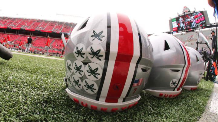 Sep 10, 2022; Columbus, Ohio, USA;  Ohio State Buckeyes helmets before the game against the Arkansas State Red Wolves at Ohio Stadium. Mandatory Credit: Joseph Maiorana-USA TODAY Sports