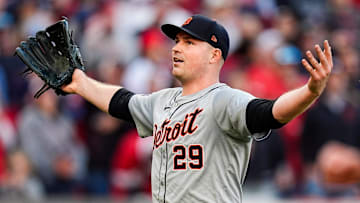 Detroit Tigers pitcher Tarik Skubal (29) celebrates after a double play against Cleveland Guardians in the sixth inning of Game 2 of ALDS at Progressive Field in Cleveland, Ohio on Monday, Oct. 7, 2024.