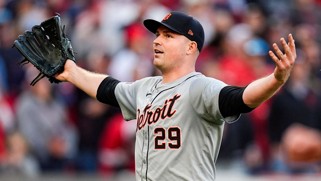 Detroit Tigers pitcher Tarik Skubal (29) celebrates after a double play against Cleveland Guardians in the sixth inning of Game 2 of ALDS at Progressive Field in Cleveland, Ohio on Monday, Oct. 7, 2024.