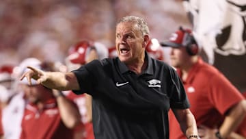 Oct 5, 2024; Fayetteville, Arkansas, USA; Arkansas Razorbacks head coach Sam Pittman during the second half against the Tennessee Volunteers at Donald W. Reynolds Razorback Stadium. Arkansas won 19-14. Mandatory Credit: Nelson Chenault-Imagn Images