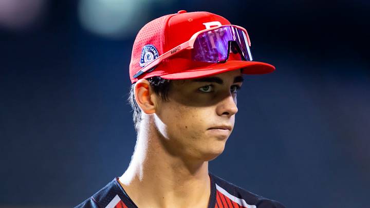 Aug 28, 2022; Phoenix, Arizona, US; West outfielder Will Gasparino (23) during the Perfect Game All-American Classic high school baseball game at Chase Field. Mandatory Credit: Mark J. Rebilas-USA TODAY Sports