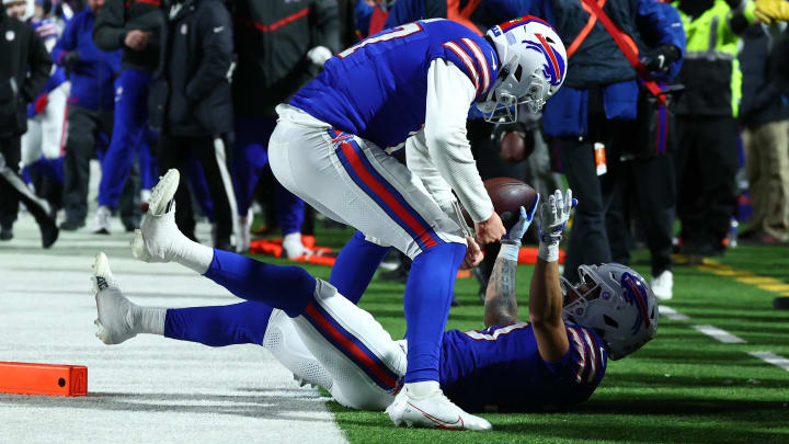 Jan 21, 2024; Orchard Park, New York, USA; Buffalo Bills quarterback Josh Allen (17) reacts with wide receiver Khalil Shakir (10) after throwing a touchdown pass against the Kansas City Chiefs during the second half for the 2024 AFC divisional round game at Highmark Stadium. Mandatory Credit: Mark J. Rebilas-USA TODAY Sports