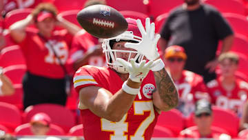 Aug 17, 2024; Kansas City, Missouri, USA; Kansas City Chiefs tight end Baylor Cupp (47) warms up against the Detroit Lions prior to the game at GEHA Field at Arrowhead Stadium.