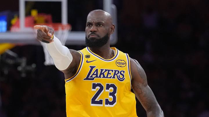 Los Angeles Lakers forward LeBron James (23) gestures against the Houston Rockets in the first half during game one of the first round of the 2026 NBA Playoffs at Crypto.com Arena on April 18, 2026.