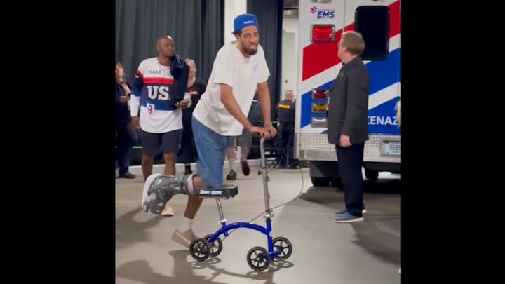 Tyrese Haliburton rides on a scooter at WNBA All-Star Weekend. Tyrese Haliburton rides on a scooter at WNBA All-Star Weekend.