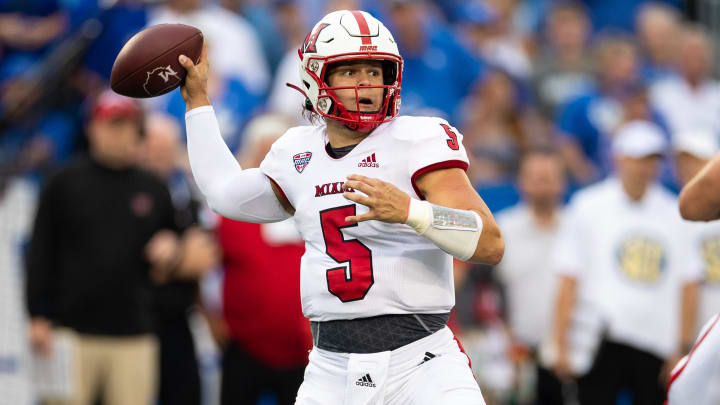 Sep 3, 2022; Lexington, Kentucky, USA; Miami (Oh) Redhawks quarterback Brett Gabbert (5) throws a pass during the first quarter against the Kentucky Wildcats at Kroger Field. Mandatory Credit: Jordan Prather-USA TODAY Sports