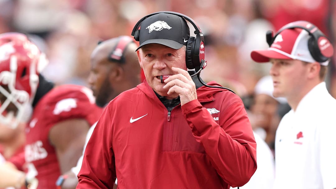 Oct 18, 2025; Fayetteville, Arkansas, USA; Arkansas Razorbacks interim head coach Bobby Petrino during the second quarter against the Texas A&M Aggies at Donald W. Reynolds Razorback Stadium. Mandatory Credit: Nelson Chenault-Imagn Images