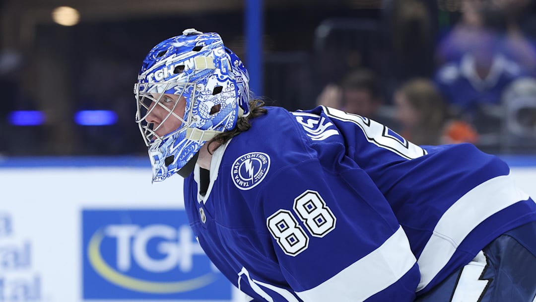 Nov 26, 2025; Tampa, Florida, USA; Tampa Bay Lightning goaltender Andrei Vasilevskiy (88) looks on against the Calgary Flames in the second period at Benchmark International Arena. Mandatory Credit: Nathan Ray Seebeck-Imagn Images