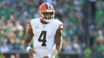 Oct 13, 2024; Philadelphia, Pennsylvania, USA; Cleveland Browns quarterback Deshaun Watson (4) against the Philadelphia Eagles at Lincoln Financial Field. Mandatory Credit: Eric Hartline-Imagn Images