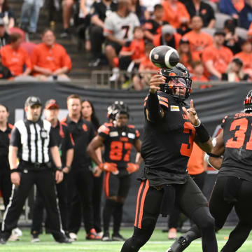 Jun 15, 2024; Vancouver, British Columbia, CAN;  BC Lions quarterback Vernon Adams Jr (3) throws the ball during the second half against the Calgary Stampeders throws the ball at BC Place. Mandatory Credit: Simon Fearn-USA TODAY Sports