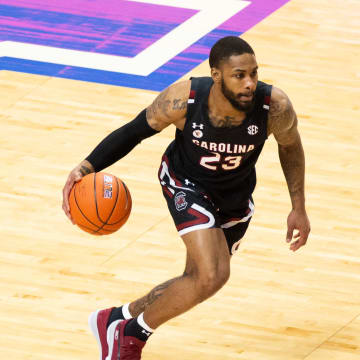 Mar 6, 2021; Lexington, Kentucky, USA; South Carolina Gamecocks guard Seventh Woods (23) dribbles the ball down the court during the first half of the game against the Kentucky Wildcats at Rupp Arena at Central Bank Center. Mandatory Credit: Arden Barnes-USA TODAY Sports