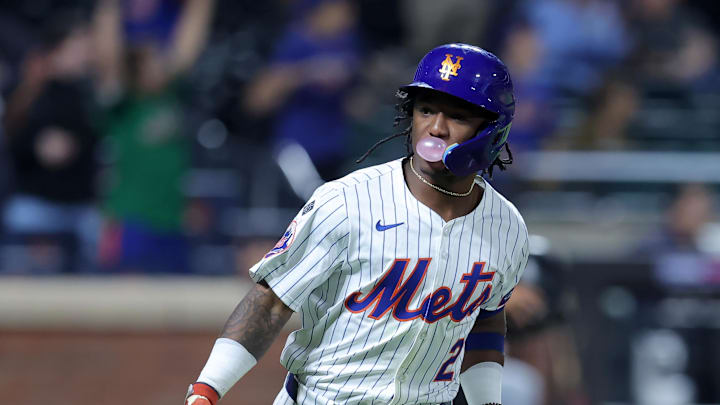 Sep 17, 2024; New York City, New York, USA; New York Mets shortstop Luisangel Acuna (2) reacts as he rounds the bases after hitting a solo home run against the Washington Nationals during the eighth inning at Citi Field. The home run was the first of his major league career. Mandatory Credit: Brad Penner-Imagn Images