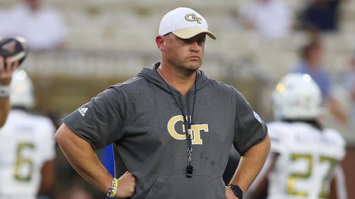 Aug 31, 2024; Atlanta, Georgia, USA; Georgia Tech Yellow Jackets head coach Brent Key on the field before a game against Georgia State Panthers at Bobby Dodd Stadium at Hyundai Field. Mandatory Credit: Brett Davis-Imagn Images