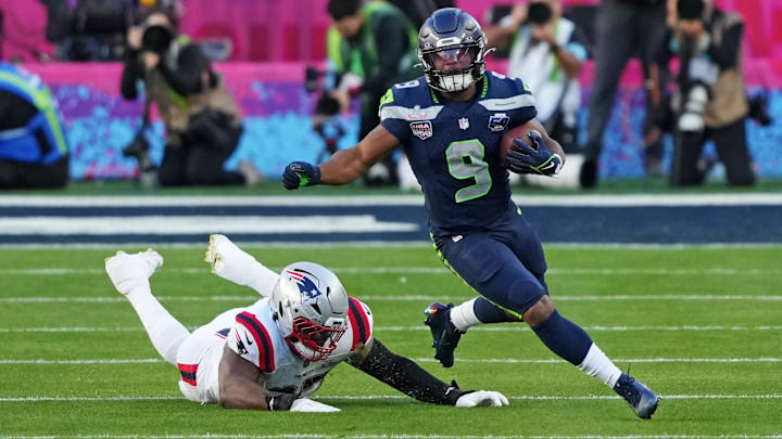 Feb 8, 2026; Santa Clara, CA, USA; Seattle Seahawks running back Kenneth Walker III (9) runs the ball during the second quarter against the New England Patriots in Super Bowl LX at Levi's Stadium. Mandatory Credit: Darren Yamashita-Imagn Images