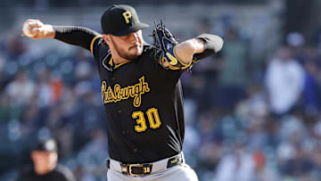 Jun 19, 2025; Detroit, Michigan, USA;  Pittsburgh Pirates pitcher Paul Skenes (30) pitches in the first inning against the Detroit Tigers at Comerica Park. Mandatory Credit: Rick Osentoski-Imagn Images