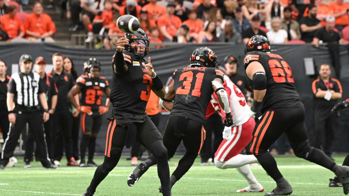 Jun 15, 2024; Vancouver, British Columbia, CAN;  BC Lions quarterback Vernon Adams Jr (3) throws the ball during the second half against the Calgary Stampeders throws the ball at BC Place. Mandatory Credit: Simon Fearn-USA TODAY Sports