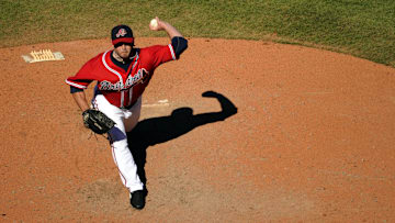 October 3, 2010; Atlanta, GA, USA; Atlanta Braves relief pitcher Billy Wagner (13) fires off a pitch against the Philadelphia Phillies during top of the 8th inning at Turner Field. The Brave defeated the Phillies 8-7. Mandatory Credit: John David Mercer-Imagn Images