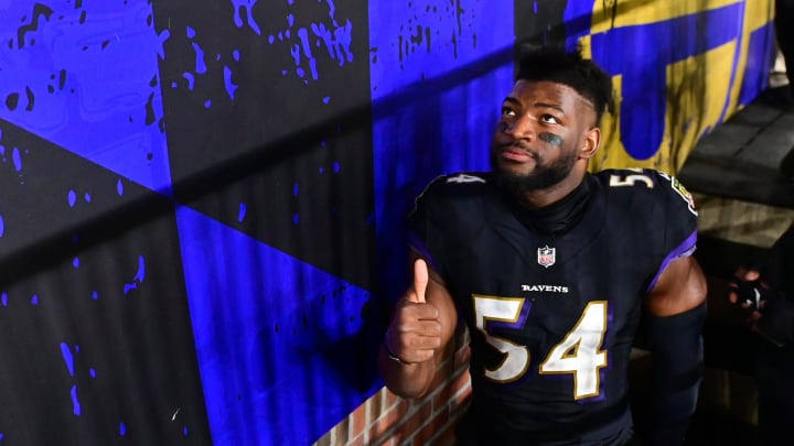 Nov 28, 2021; Baltimore, Maryland, USA; Baltimore Ravens linebacker Tyus Bowser (54) celebrates after beating the Cleveland Browns 16-10 at M&T Bank Stadium. Mandatory Credit: Evan Habeeb-USA TODAY Sports