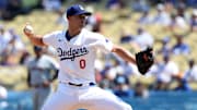 Sep 8, 2024; Los Angeles, California, USA;  Los Angeles Dodgers starting pitcher Jack Flaherty (0) pitches during the second inning against the Cleveland Guardians at Dodger Stadium. Mandatory Credit: Kiyoshi Mio-Imagn Images