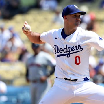 Sep 8, 2024; Los Angeles, California, USA;  Los Angeles Dodgers starting pitcher Jack Flaherty (0) pitches during the second inning against the Cleveland Guardians at Dodger Stadium. Mandatory Credit: Kiyoshi Mio-Imagn Images