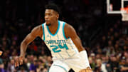 Jan 12, 2025; Phoenix, Arizona, USA; Charlotte Hornets forward Brandon Miller (24) against the Phoenix Suns at Footprint Center. Mandatory Credit: Mark J. Rebilas-Imagn Images