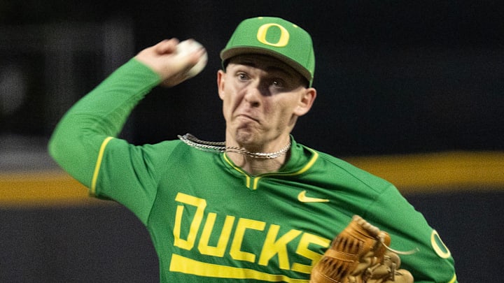 Oregon’s Tanner Bradley pitches against George Mason in the eight inning Feb. 13, 2026 at PK Park in Eugene.