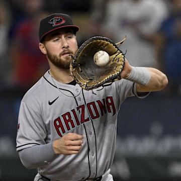 Aug 11, 2025; Arlington, Texas, USA; Arizona Diamondbacks first baseman Tyler Locklear (28) in action during the game between the Texas Rangers and the Arizona Diamondbacks at Globe Life Field. Mandatory Credit: Jerome Miron-Imagn Images
