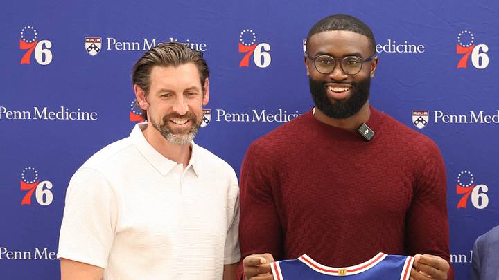 Camden, NJ, USA; From left to right Philadelphia 76ers general manager Mike Gansey and guard Jaylen Brown and managing partner Josh Harris pose for a photo during his introductory press conference at the  Francis J. Myers Recreation Center on August 6, 2026. 