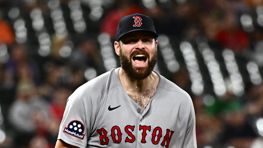 Aug 26, 2025; Baltimore, Maryland, USA; Boston Red Sox pitcher Lucas Giolito (54) reacts to a strikeout to end the eighth inning against the Baltimore Orioles at Oriole Park at Camden Yards. Mandatory Credit: James A. Pittman-Imagn Images