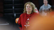 Louisville's Stephanie Norman watches practice Friday in the Intrust Bank Arena. March 25, 2022