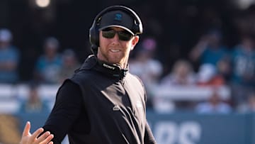 Jacksonville Jaguars head coach Liam Coen reacts to having to take a timeout after a bobbled play during the third fourth in an NFL football game at EverBank Stadium, Sunday, November 16, 2025, in Jacksonville, Fla. [Doug Engle/Florida Times-Union]