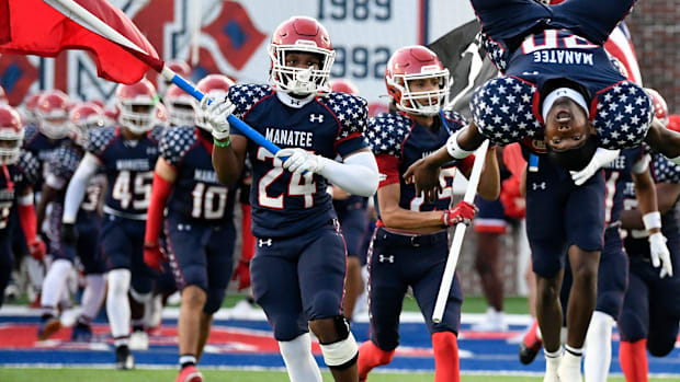 The Manatee Hurricanes with a 41-0 win over the Southeast Seminoles in a non-district game Friday night, Aug. 30, 2024, in Br