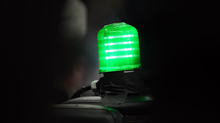 Dec 19, 2021; Sacramento, California, USA; The coaches challenge signal is lit during the fourth quarter of the game between the Sacramento Kings and the San Antonio Spurs at Golden 1 Center. Mandatory Credit: Darren Yamashita-Imagn Images