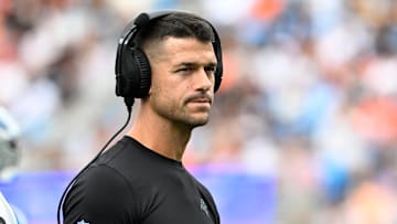 Sep 29, 2024; Charlotte, North Carolina, USA; Carolina Panthers head coach Dave Canales on the sidelines in the first quarter at Bank of America Stadium.