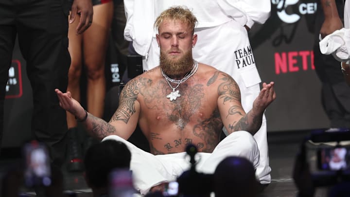 Paul weighs in the day before his fight against Tyson. Paul weighs in the day before his fight against Tyson.