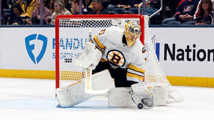 Apr 12, 2026; Columbus, Ohio, USA; Boston Bruins goalie Joonas Korpisalo (70) makes a glove save against the Columbus Blue Jackets during the first period at Nationwide Arena. Mandatory Credit: Russell LaBounty-Imagn Images Apr 12, 2026; Columbus, Ohio, USA; Boston Bruins goalie Joonas Korpisalo (70) makes a glove save against the Columbus Blue Jackets during the first period at Nationwide Arena. Mandatory Credit: Russell LaBounty-Imagn Images