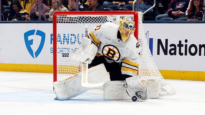 Apr 12, 2026; Columbus, Ohio, USA; Boston Bruins goalie Joonas Korpisalo (70) makes a glove save against the Columbus Blue Jackets during the first period at Nationwide Arena. Apr 12, 2026; Columbus, Ohio, USA; Boston Bruins goalie Joonas Korpisalo (70) makes a glove save against the Columbus Blue Jackets during the first period at Nationwide Arena.