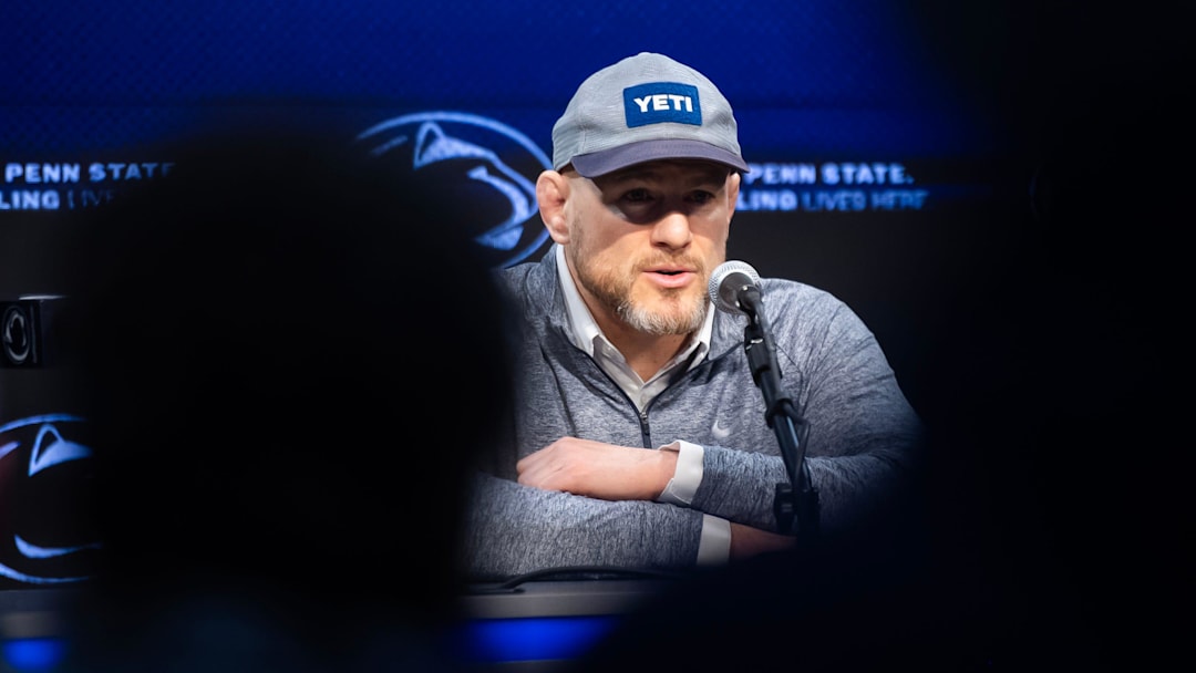 Penn State Nittany Lions wrestling coach Cael Sanderson answers questions during press conference following the Nittany Lions' 26-12 win over Nebraska.