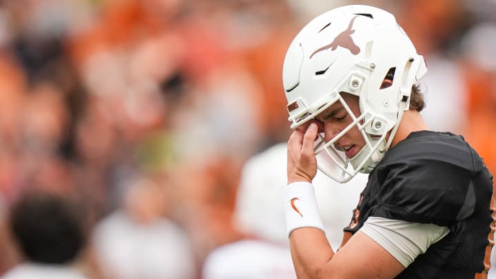 April 20, 2024; Austin, Texas, USA: exas Longhorns quarterback Arch Manning (16) warms up ahead of the Longhorns' spring Orange and White game at Darrell K Royal Texas Memorial Stadium. Mandatory Credit: Sara Diggins-USA Today Sports via American Statesman