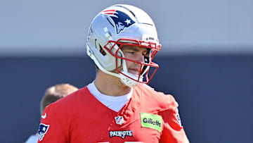 Jul 23, 2025; Foxborough, MA, USA; New England Patriots quarterback Drake Maye (10) warms up before drills at training camp at Gillette Stadium. Mandatory Credit: Eric Canha-Imagn Images
