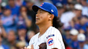 Oct 1, 2025; Chicago, Illinois, USA; Chicago Cubs relief pitcher Shota Imanaga (18) reacts after giving up a two-run home run in the fifth inning against the San Diego Padres during game two of the Wildcard round for the 2025 MLB playoffs at Wrigley Field.