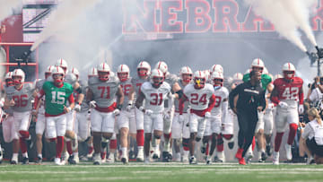 The team enters the field prior to the 2024 Nebraska football spring game.