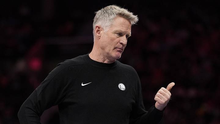 Dec 31, 2025; Charlotte, North Carolina, USA; Golden State Warriors head coach Steve Kerr reacts to a call during the second quarter against the Charlotte Hornets at Spectrum Center. Mandatory Credit: Jim Dedmon-Imagn Images