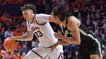 Mar 5, 2024; Champaign, Illinois, USA; Illinois Fighting Illini forward Coleman Hawkins (33) drives