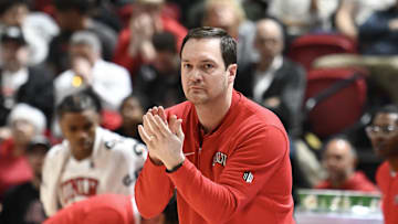 Mar 5, 2024; Las Vegas, Nevada, USA; UNLV Rebels head coach Kevin Kruger reacts to a play in the first half against the San Diego State Aztecs at Thomas & Mack Center. Mandatory Credit: Candice Ward-Imagn Images